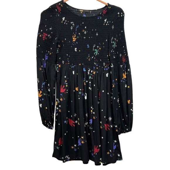 Maje Reskita Star & Swallow Smocked Crepe Whimsigoth Dress Sz 1 Boho Novelty - Picture 4 of 7